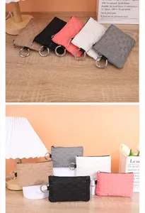 Close-up detail of portable mini coin purse and key pouch with zipper and metal ring.
