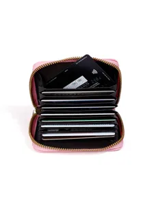 Pink accordion card wallet with multi card slots, PU leather zipper card holder detail.
