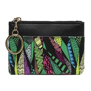 PU leather coin purse with key ring, stylish patchwork pattern, compact size for cards and keys.