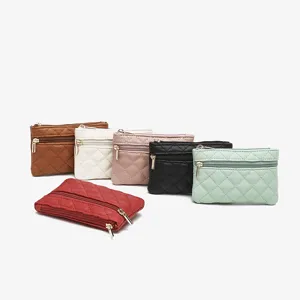 Quilted PU leather coin purse wallet with double zippers and compact card pouch multi-colors.