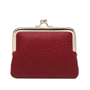 Retro Women Coin Purse PU Leather Kiss Lock Small Wallet Clover Embossed Change Holder Card Key Pouch Handbag