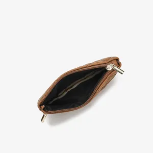 Brown PU quilted double-zipper small wallet, portable coin purse and card holder for women.