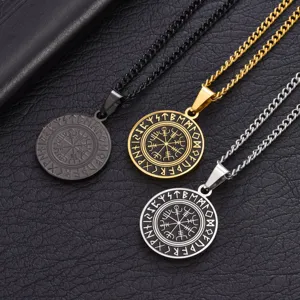 Collier Punk en Acier Inoxydable avec Pendentif Rond Boussole Rune Viking Nordique Rétro Bijoux Symbole Vegvisir pour Hommes