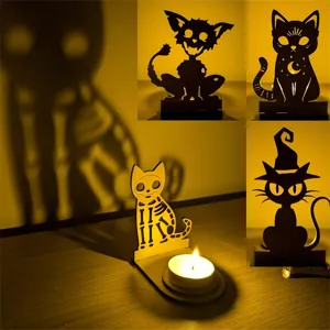 Halloween Holz Schatten Kerzenhalter Skelett Katze Geist Silhouette Teelichtständer Grusel Party Deko Heim Ornament