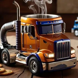 Detailaufnahme einer kreativen orangefarbenen LKW-Kaffeetasse mit verchromtem Auspuff.