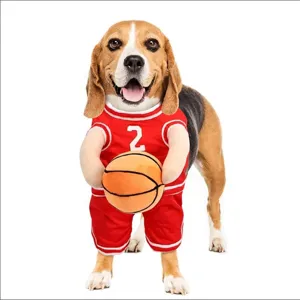 Detail des Hunde-Basketballkostüms mit rotem Trikot und Plüschball-Zubehör