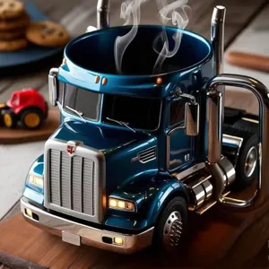 Detailansicht einer Kaffeetasse in Form eines blauen LKWs mit Chromteilen und Dampf