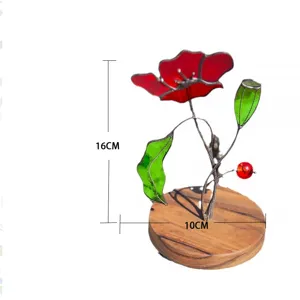 Red glass poppy flower sun catcher on wooden base, 16cm height decorative ornament
