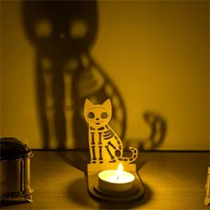 Halloween-Kerzenhalter aus Holz mit Skelett-Katzen-Schatten für gruselige Deko