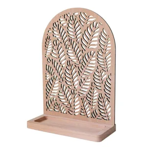 Seitenansicht des Ohrring-Displayständers aus Holz mit Blattmuster und Tablett