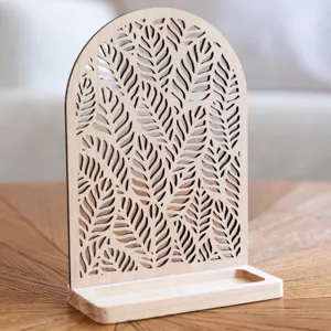 Boho Holz Ohrring Ständer Hohl Lasergeschnitten Blattmuster Bogen Schmuckhalter Desktop Ring Aufbewahrungstablett Basis Deko
