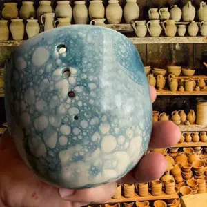 Unique blue bubble glaze pottery herb stripper bowl for fresh herb processing