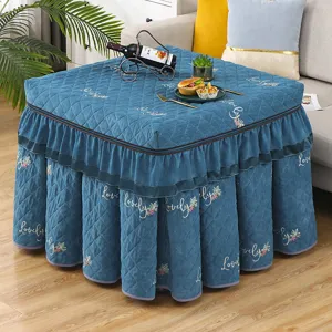 Blue quilted heating table cover soft thick square mahjong table dust cover detail