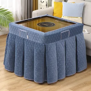 Housse de table chauffante électrique matelassée bleue couverture d'hiver avec poches latérales jupe