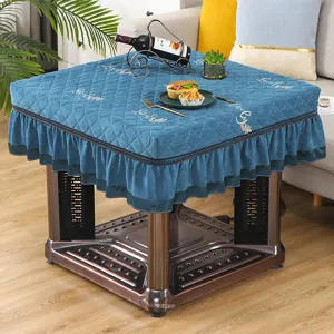Thickened velvet square electric heating table cover, warm quilted table cloth with ruffles.