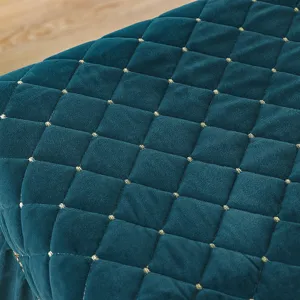 Thickened quilted heating table cover detail view, dark teal velvet fabric with gold stitching.