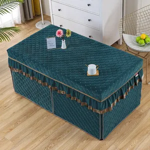 Thickened quilted heating table cover rectangular dark green winter table cloth detail