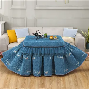 Thickened quilted heating table cover square winter warm table cloth with elegant floral design.