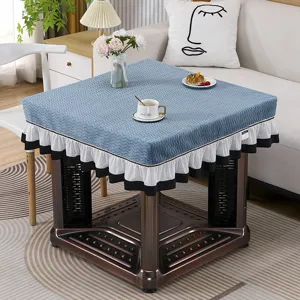 Funda de mesa calefactora acolchada cuadrada mantel térmico con faldón de volantes para invierno.