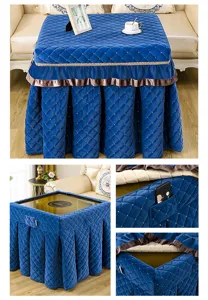 Thickened quilted square table cover for heating mahjong table winter warm blue fabric cloth