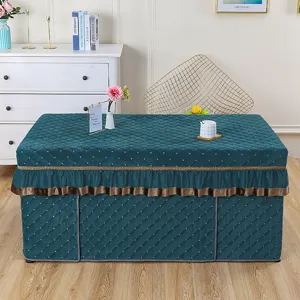Thick quilted rectangular heating table cover, dark green winter warm table cloth protector.