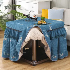 Thicken quilted square table cover warm heating table cloth with lovely embroidery ruffles