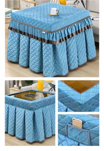 Square thermal quilted table cover blue tablecloth with storage pocket and elegant ruffles