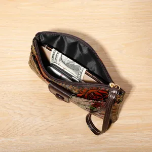 Women embossed floral leather clutch wallet retro long wristlet purse with card slots
