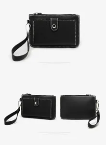 Black PU leather coin purse with wrist strap small wallet card holder zipper pocket daily use.