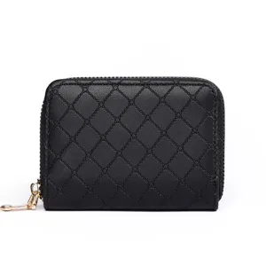 Black quilted PU leather zip wallet with card slots and coin pocket for daily use