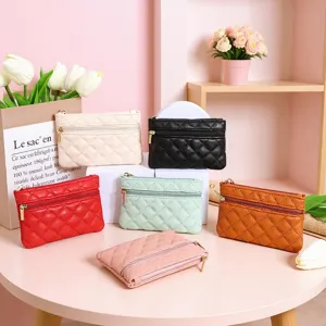 Women Quilted PU Leather Coin Purse Mini Double Zipper Change Pouch Small Wallet Card Holder For Daily Life
