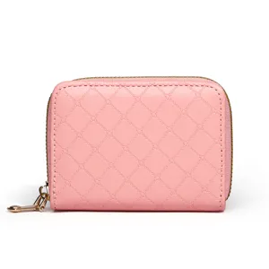 Pink quilted leather zipper wallet and compact coin card holder for women daily use