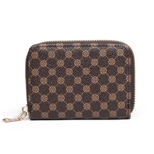 Brown zipper wallet with clover pattern stylish compact card holder for daily use women men