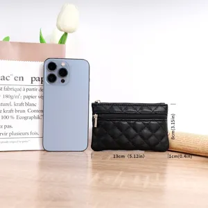 Black quilted PU leather coin purse with double zipper for women daily use compact size