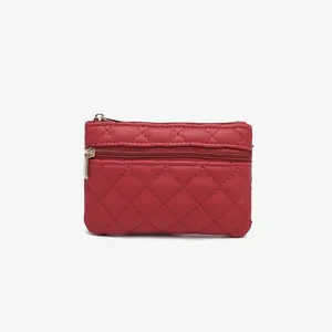 Red quilted pu leather coin purse with double zipper for women small wallet key card holder