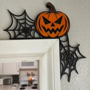 Wooden Halloween door corner decoration featuring pumpkin and spider web design