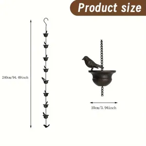 Detailed dimensions of bird rain chain showing 240cm length and 10cm cup width
