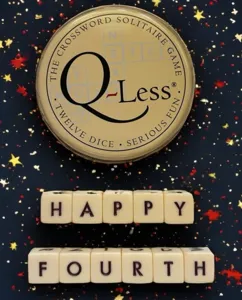 Detailansicht der Q-Less Crossword Solitaire Spieledose und Buchstabenwürfel Happy Fourth
