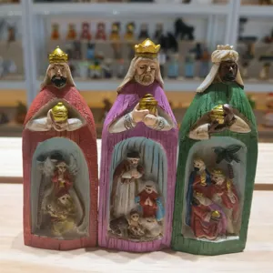 Detailed resin Three Wise Men figurines featuring internal Nativity scenes for home decor