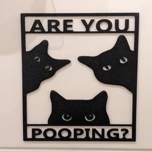 Detailed view of 'Are You Pooping?' funny black cat bathroom wall art sign