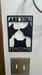 Humorous black cat bathroom wall sign featuring Are you pooping? text decor