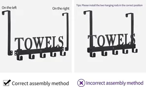 Instructional guide for over-the-door iron towel rack showing correct assembly method