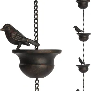 Decorative metal rain chain featuring birds perched on cups in antique bronze finish