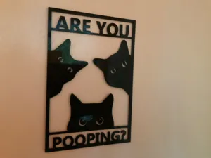 Humorous black cat silhouette bathroom wall sign featuring 'Are You Pooping?' text