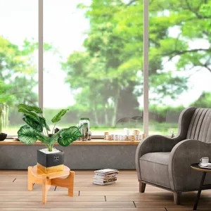 Holzständer für Getränkespender, stilvoll als Pflanzenhalter im Wohnzimmer genutzt.