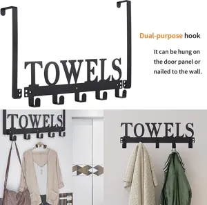 Metal towel rack with 'TOWELS' design shown hanging over a door and mounted on a wall
