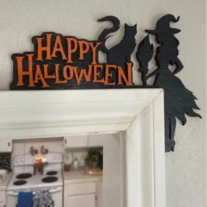 Halloween Wooden Door Frame Decoration Pumpkin Ghost Witch Cat Silhouette Corner Wall Sign Festive Home Party Ornament