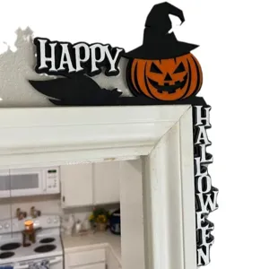 Wooden Halloween door corner decoration featuring a pumpkin with a witch hat motif.
