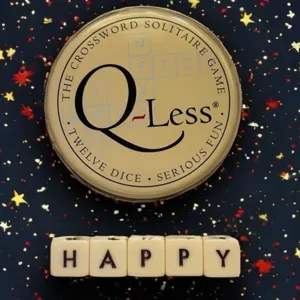 Q-Less Kreuzworträtsel-Solitär-Spiel mit zwölf Würfeln und HAPPY-Buchstabenwürfeln