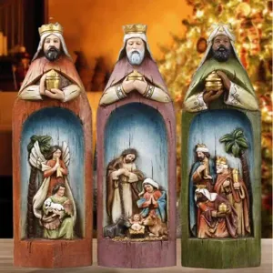 Resin Christmas Nativity Scene Wise Men Kings Figurines Vintage Hand Painted Religious Manger Statues For Home Garden Decor